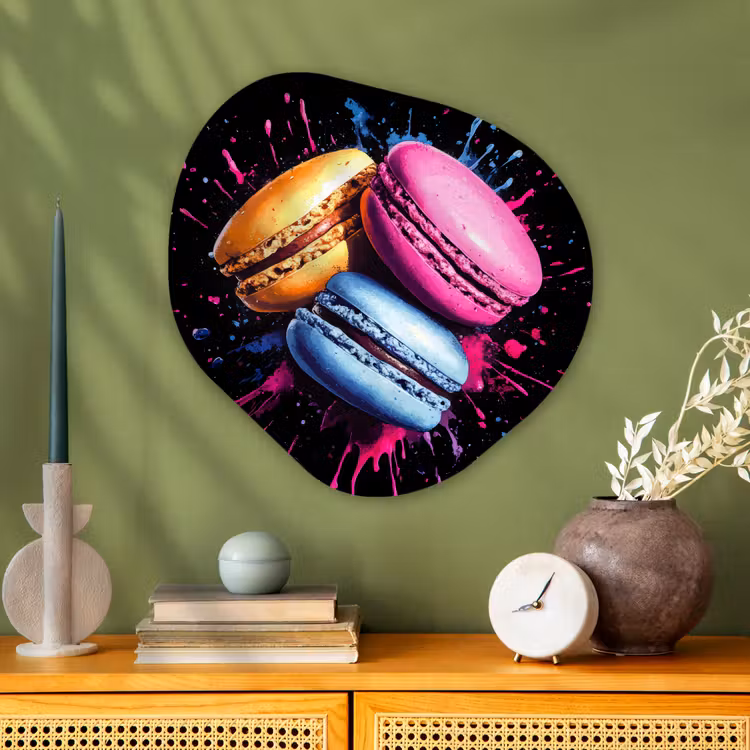 Macarons - Dessert - Graffiti - Kleurrijk - Roze - Blauw - Geel Wandcirkel Organisch Aluminium middel -sfeer2