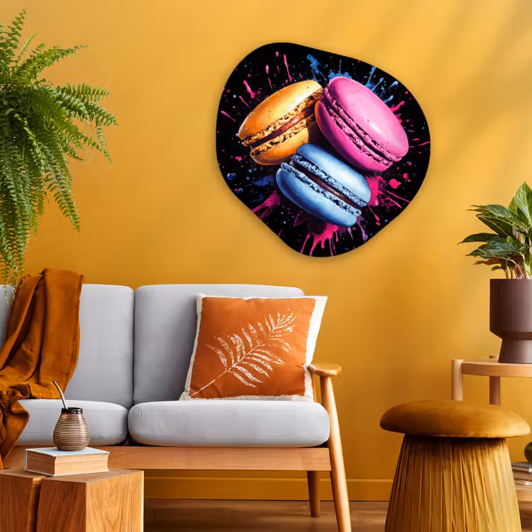 Macarons - Dessert - Graffiti - Kleurrijk - Roze - Blauw - Geel Wandcirkel Organisch Aluminium middel -sfeer4