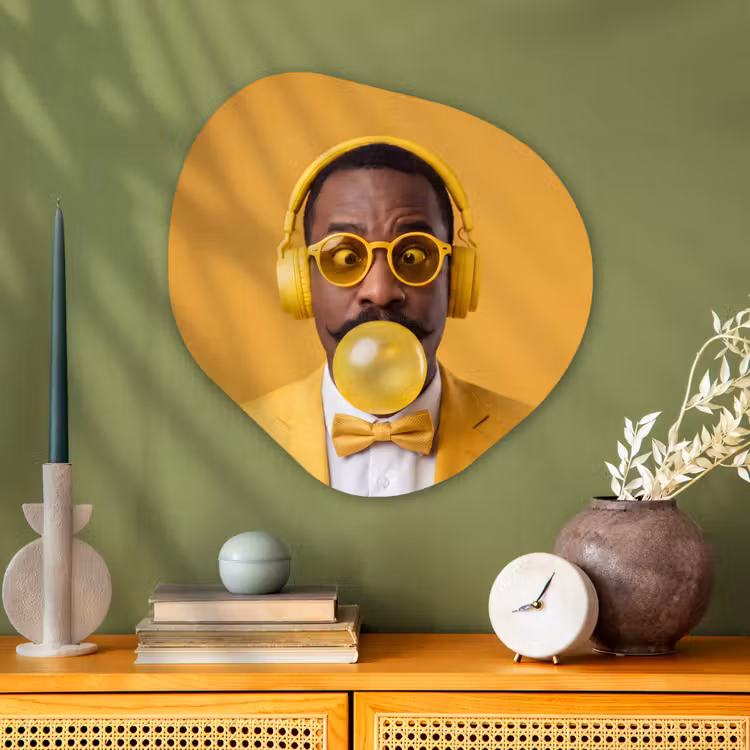 Man - Bubblegum - Portret - Geel - Modern Wandcirkel Organisch Aluminium middel -sfeer2