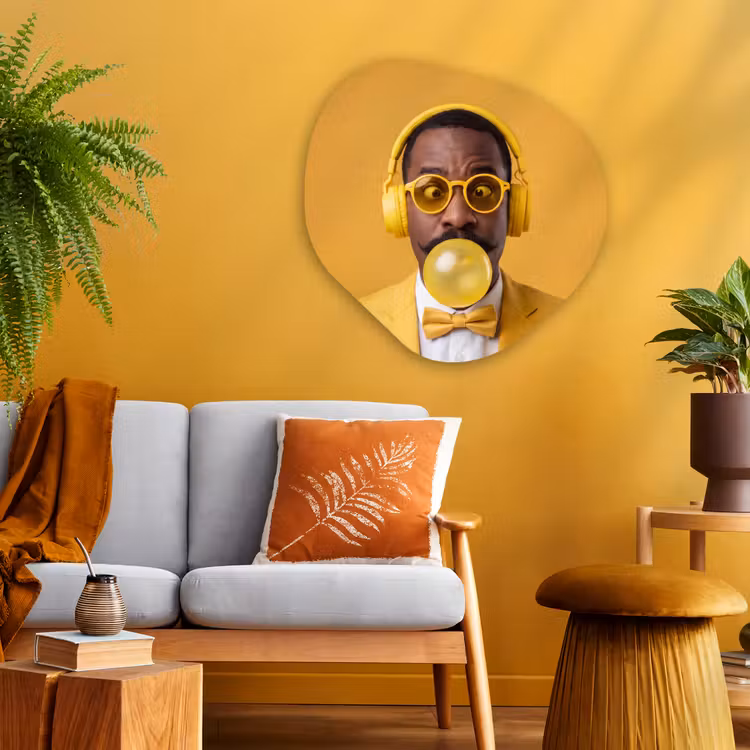 Man - Bubblegum - Portret - Geel - Modern Wandcirkel Organisch Aluminium middel -sfeer4