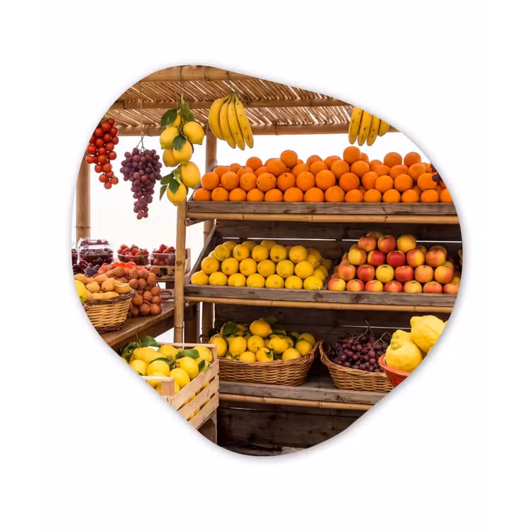 Organisch schilderij aluminium - Marktkraam - Fruit - Vers - Marktkraam - Fruit - Vers Wandcirkel Organisch Aluminium middel