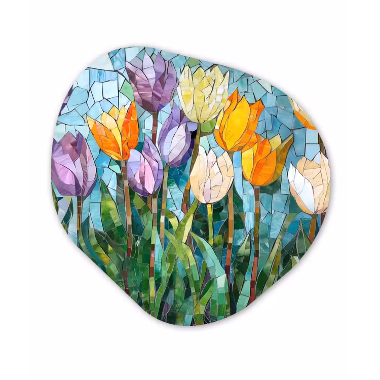 Mozaïek - Veld - Tulpen - Kleurrijk Wandcirkel Organisch Aluminium middel -3d