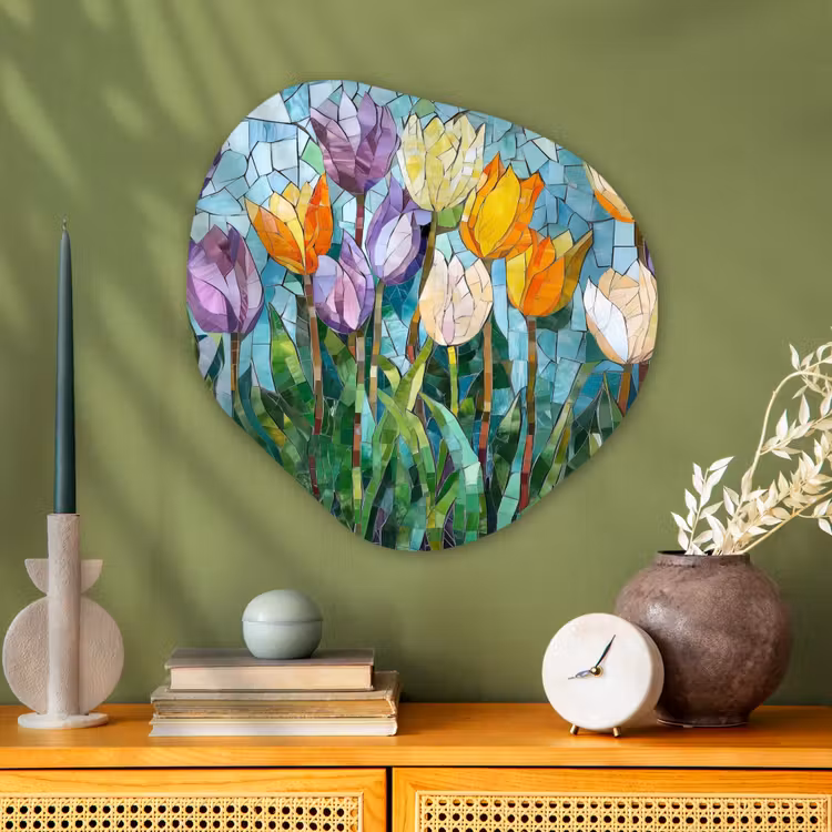 Mozaïek - Veld - Tulpen - Kleurrijk Wandcirkel Organisch Aluminium middel -sfeer2