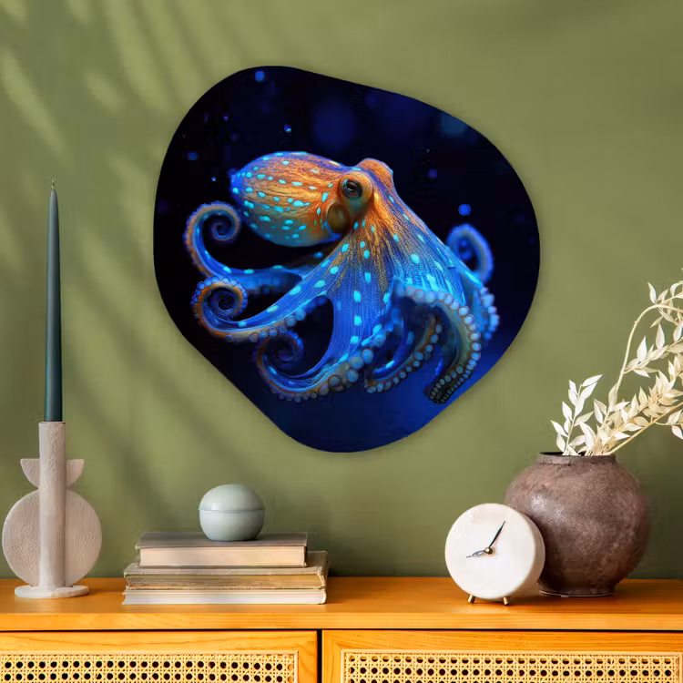 Octopus - Stippen - Blauw - Zee Wandcirkel Organisch Aluminium middel -sfeer2