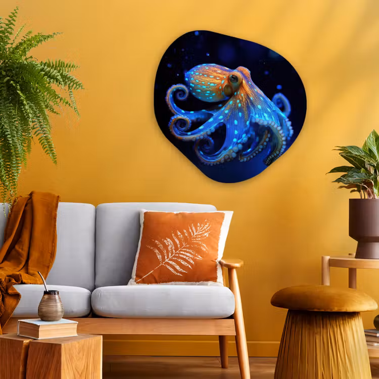 Octopus - Stippen - Blauw - Zee Wandcirkel Organisch Aluminium middel -sfeer4