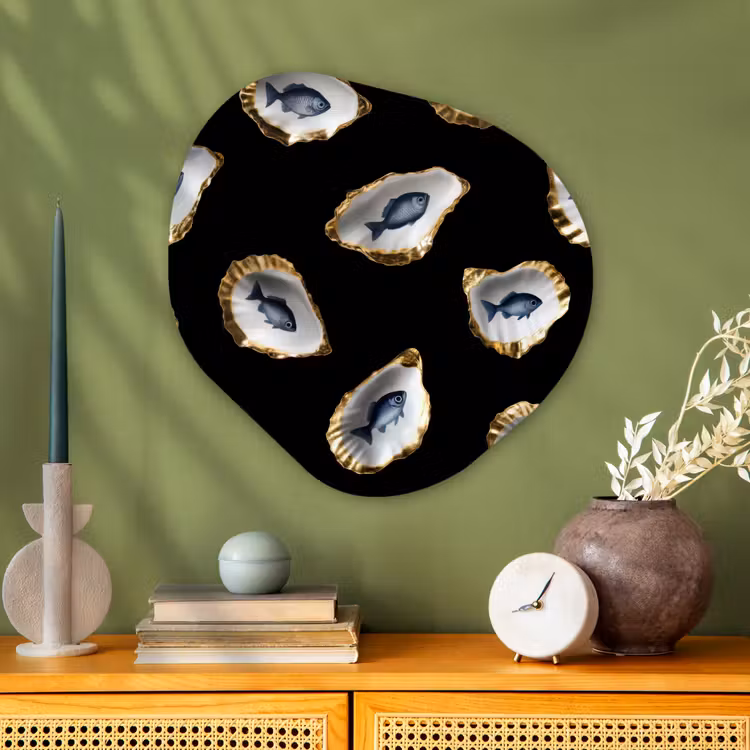 Oesters - Vissen - Blauw - Goud Wandcirkel Organisch Aluminium middel -sfeer2