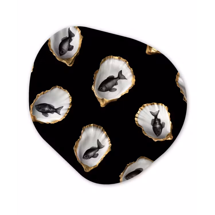 Oesters - Zwart - Vissen - Goud Wandcirkel Organisch Aluminium middel -3d