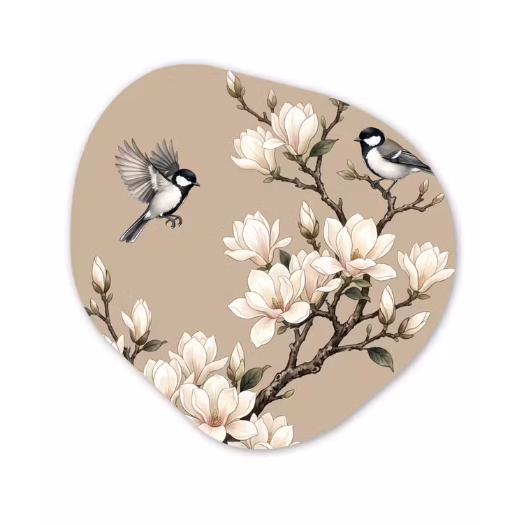 Oosters - Vogels - Beige Wandcirkel Organisch Aluminium middel -3d