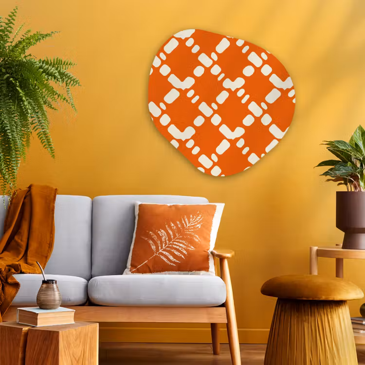 Oranje - Ruitpatroon - Wit Wandcirkel Organisch Aluminium middel 851 -sfeer4