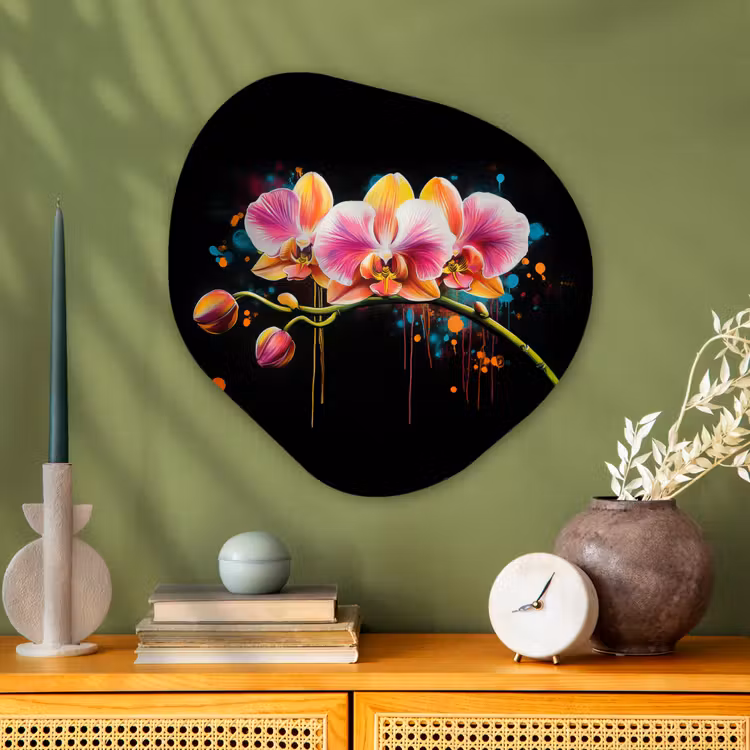 Orchidee - Graffiti - Kleurrijk - Bloemen - Abstract Wandcirkel Organisch Aluminium middel -sfeer2