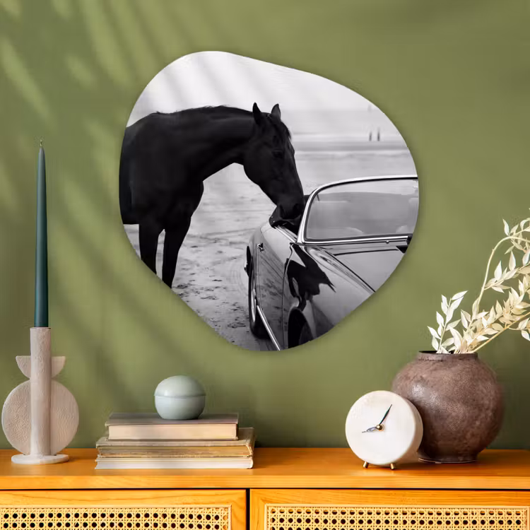 Paard - Auto - Zwart - Wit Wandcirkel Organisch Aluminium middel -sfeer2