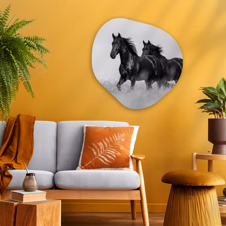 Paarden - Gras - Zwart - Wit Wandcirkel Organisch Aluminium middel -sfeer4