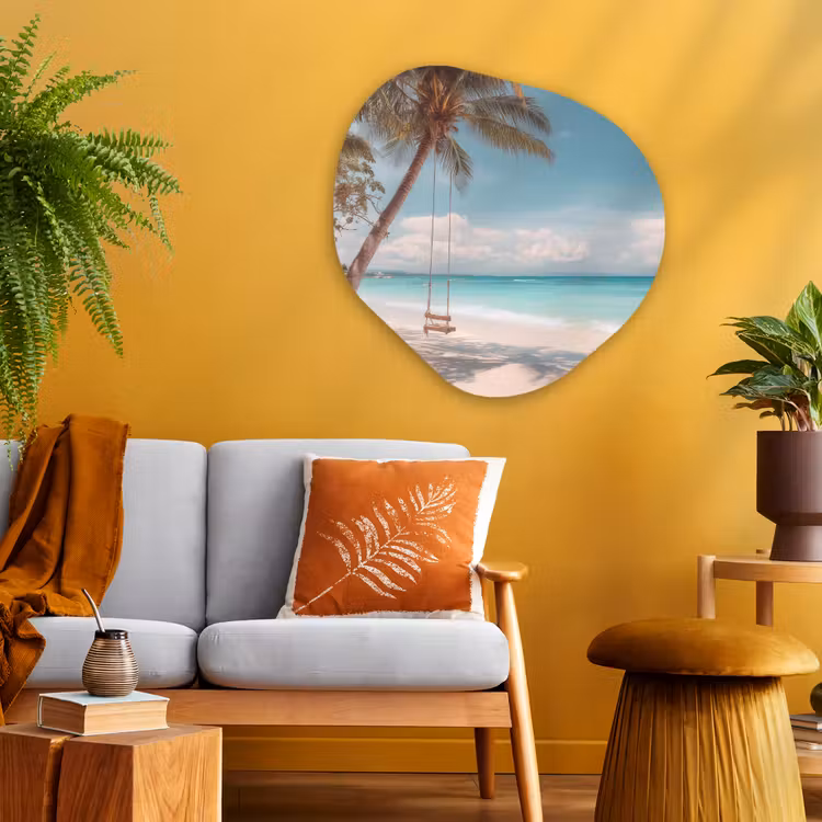 Palmboom - Schommel - Strand - Lucht Wandcirkel Organisch Aluminium middel -sfeer4