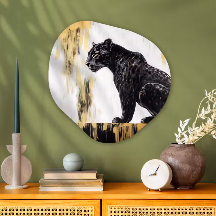 Panter - Zwart - Abstract - Goud Wandcirkel Organisch Aluminium middel -sfeer2