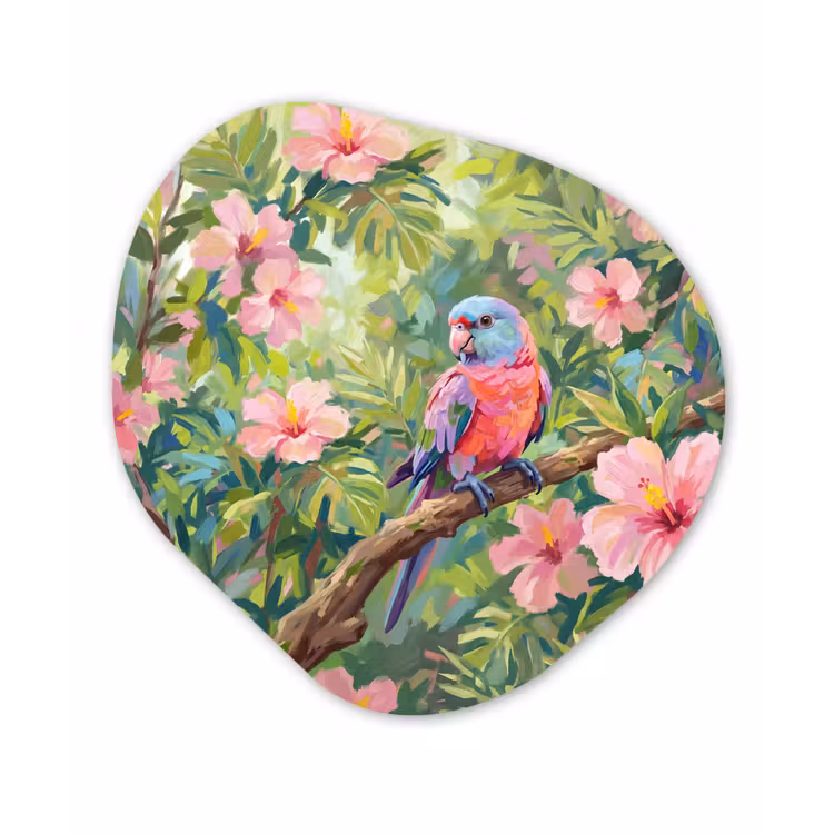 Papagaai - Hibiscusbloemen - Kleurrijk Wandcirkel Organisch Aluminium middel -3d