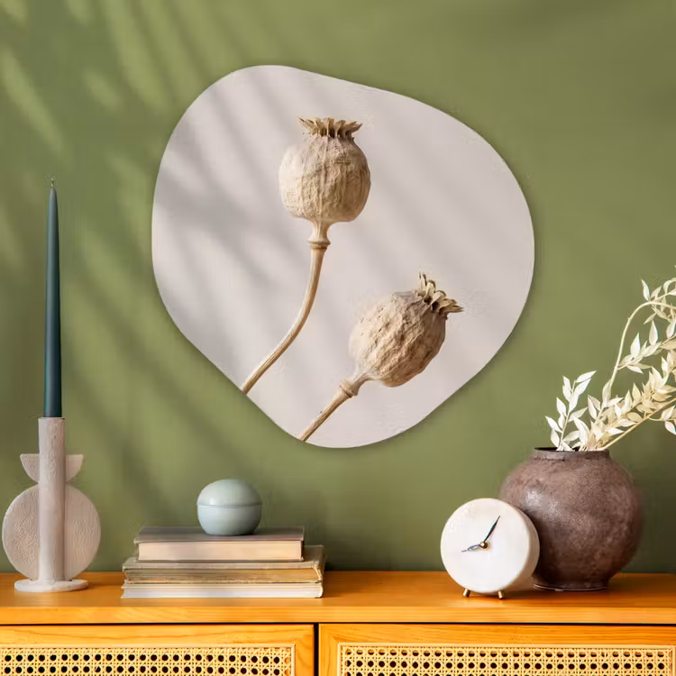 Papaverbollen - Droogbloemen - Minimalistisch - Beige - Rustig Wandcirkel Organisch Aluminium middel -sfeer2
