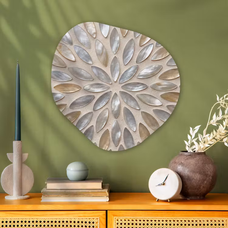 Patroon - Ovaal - Glanzend - Abstract - Beige Wandcirkel Organisch Aluminium middel -sfeer2