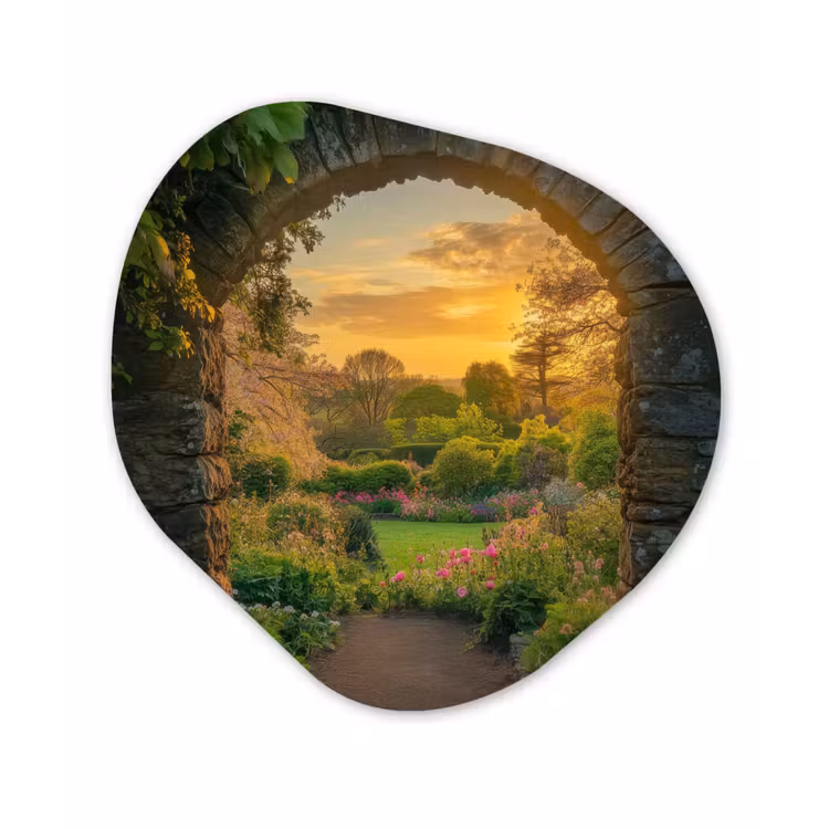 Poort - Planten - Zonsondergang Wandcirkel Organisch Aluminium middel -3d