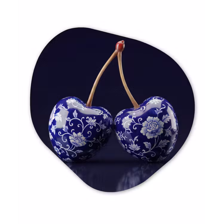 Porselein- Kersen - Delfts - Blauw Wandcirkel Organisch Aluminium middel -3d