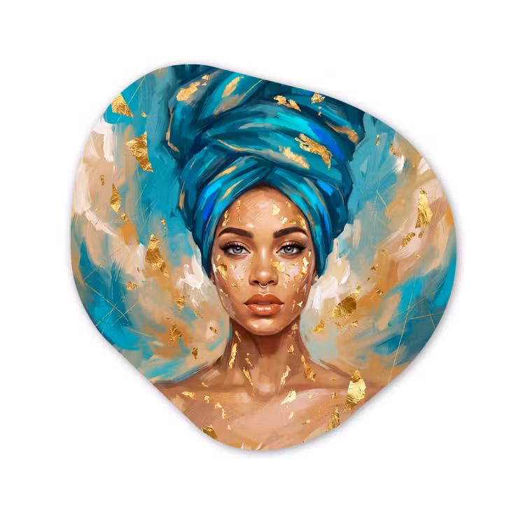 Portret - Vrouw - Schilderij - Blauw - Goud - Expressief Wandcirkel Organisch Aluminium middel -3d