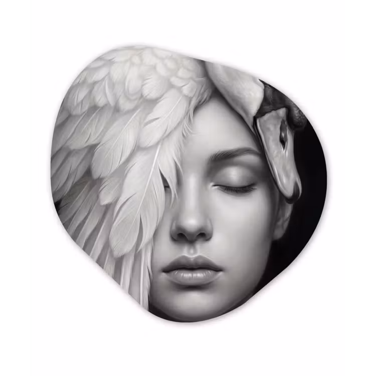 Portret - Zwaan - Zwart - Wit Wandcirkel Organisch Aluminium middel -3d