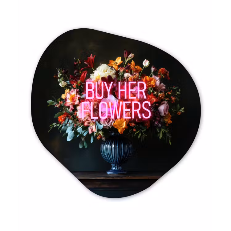 Quote - Bloemen - Vaas - Neon Wandcirkel Organisch Aluminium middel -3d