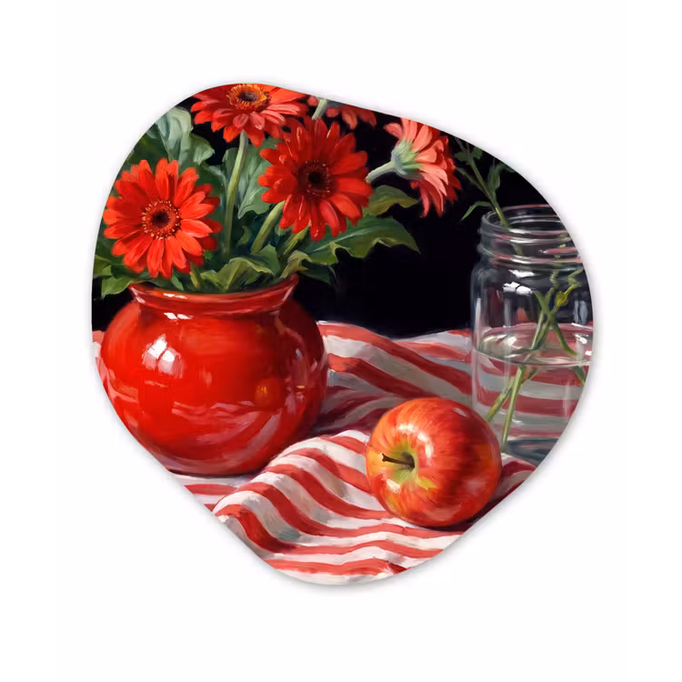 Organisch schilderij aluminium - Rode bloemen - Vaas - Rode bloemen - Vaas Wandcirkel Organisch Aluminium middel