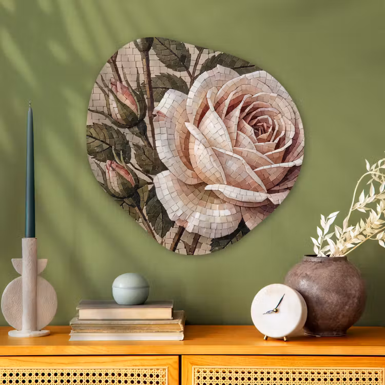 Roos - Mozaïek - Bloemen - Klassiek - Beige Wandcirkel Organisch Aluminium middel -sfeer2
