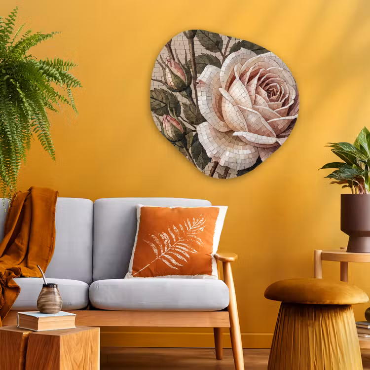 Roos - Mozaïek - Bloemen - Klassiek - Beige Wandcirkel Organisch Aluminium middel -sfeer4