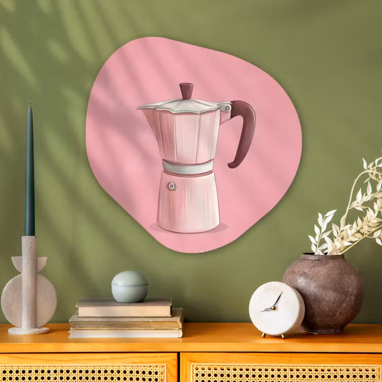 Roze - Mokkapot - Illustratie - Koffie Wandcirkel Organisch Aluminium middel -sfeer2