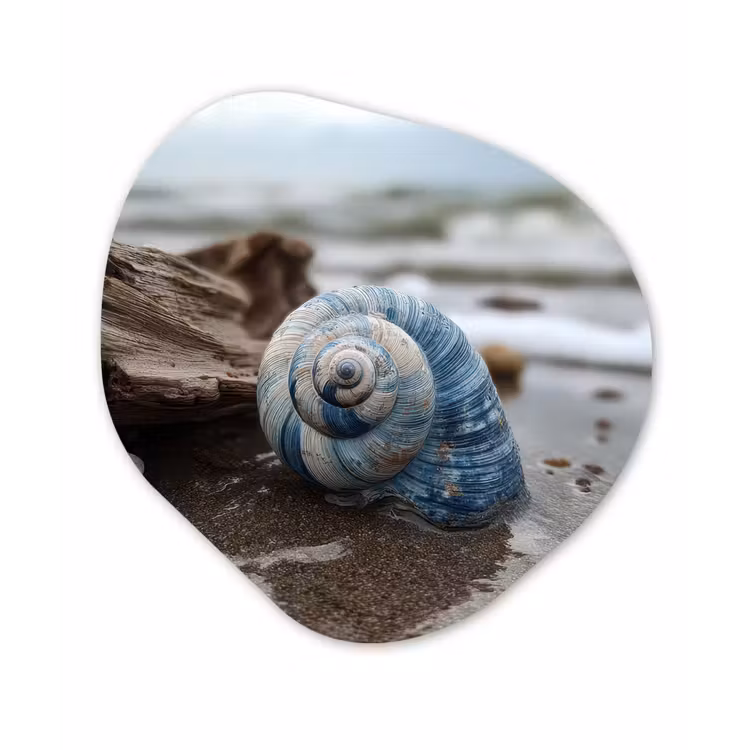 Schelp - Strand - Blauw - Zee Wandcirkel Organisch Aluminium middel -3d