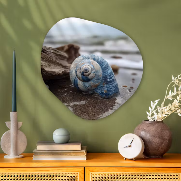 Schelp - Strand - Blauw - Zee Wandcirkel Organisch Aluminium middel -sfeer2