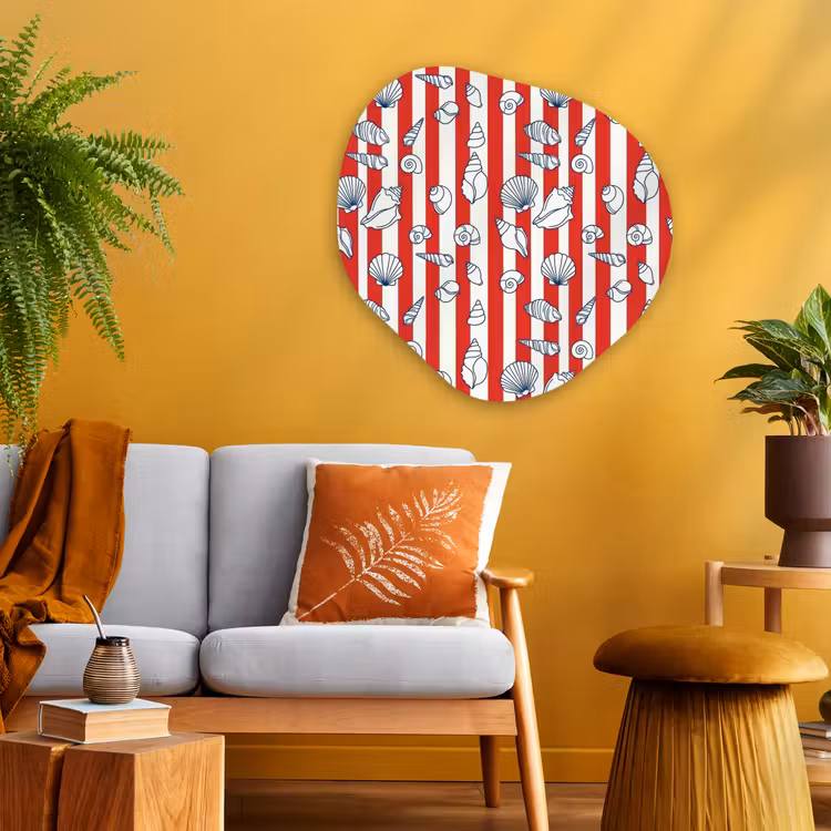 Schelp - Zeedieren - Zomer - Illustratie - Rood - Blauw Wandcirkel Organisch Aluminium middel -sfeer4