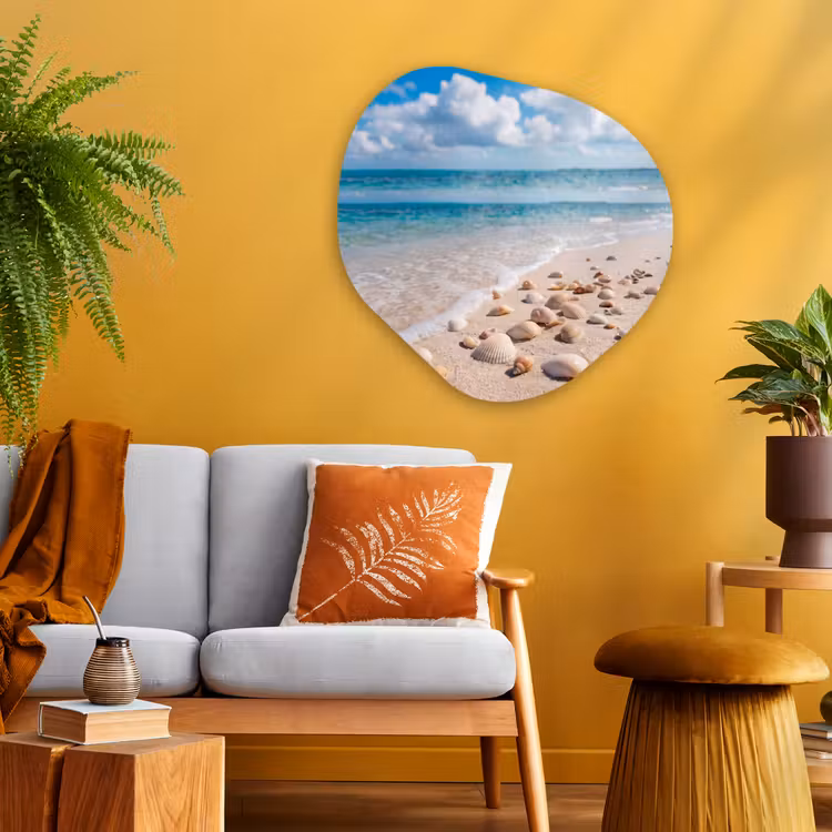 Schelpen - Strand - Natuur - Beige Wandcirkel Organisch Aluminium middel -sfeer4