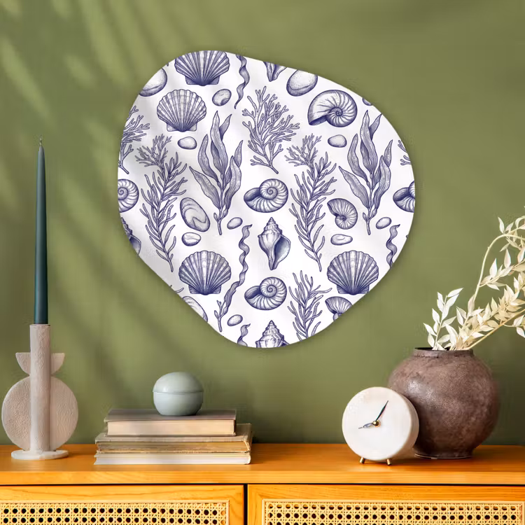Schelpen - Zeewier - Oceaan - Illustratie - Blauw Wandcirkel Organisch Aluminium middel -sfeer2