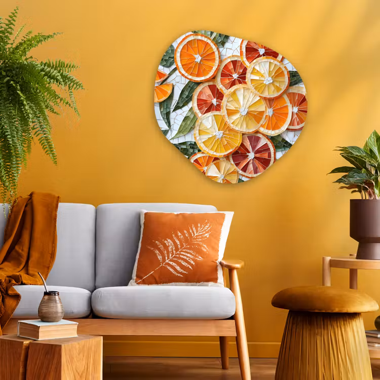 Schijfjes - Fruit - Oranje - Mozaïek Wandcirkel Organisch Aluminium middel -sfeer4