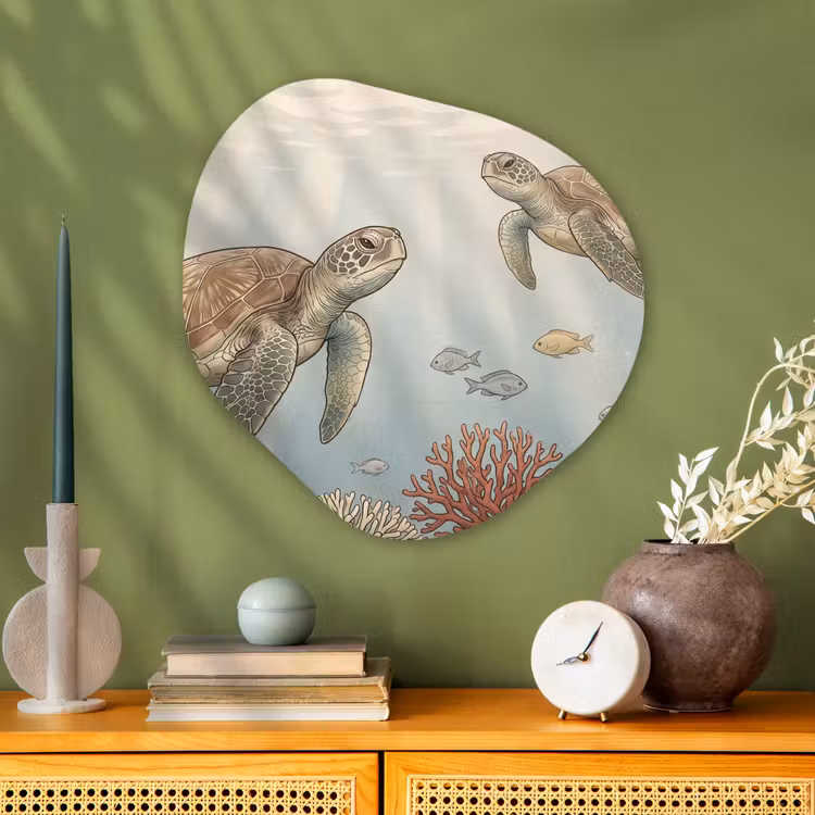 Schildpad - Onderwater - Natuur - Illustratie Wandcirkel Organisch Aluminium middel -sfeer2