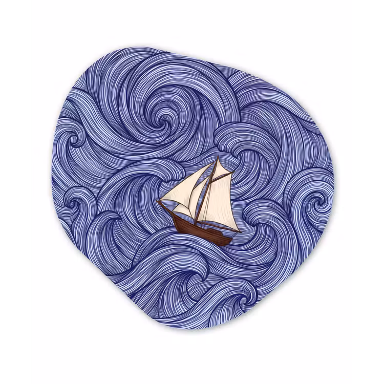 Schip - Golven - Zee - Illustratie - Blauw Wandcirkel Organisch Aluminium middel -3d