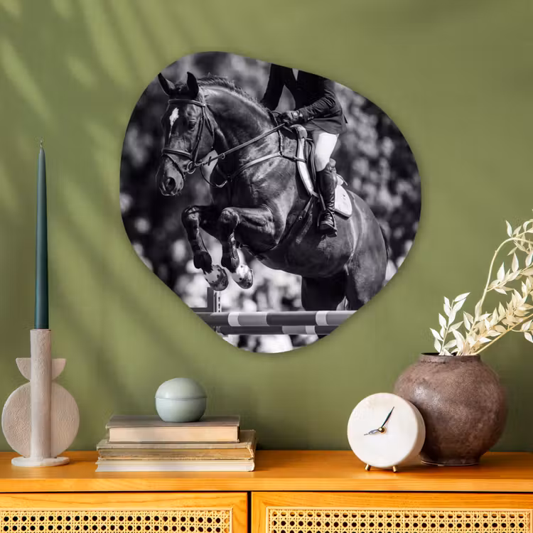 Springen - Paard - Zwart - Wit Wandcirkel Organisch Aluminium middel -sfeer2