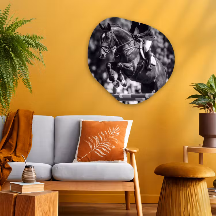 Springen - Paard - Zwart - Wit Wandcirkel Organisch Aluminium middel -sfeer4