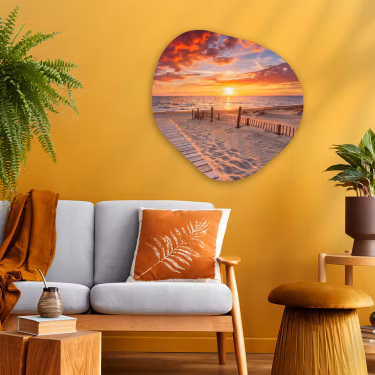 Strand - Zonsondergang - Zee - Natuur - Oranje Wandcirkel Organisch Aluminium middel -sfeer4