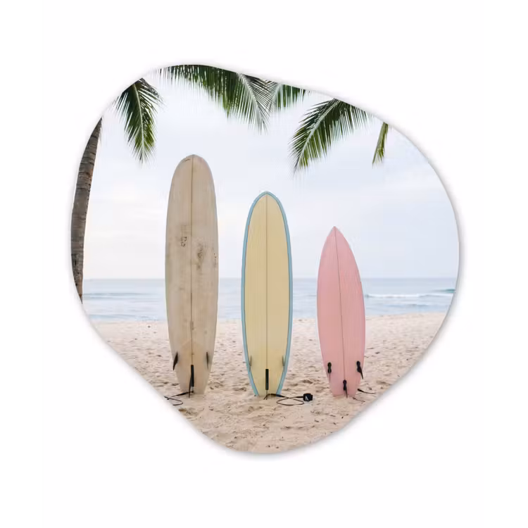 Surfboard - Palmbomen - Kleurrijk Wandcirkel Organisch Aluminium middel -3d