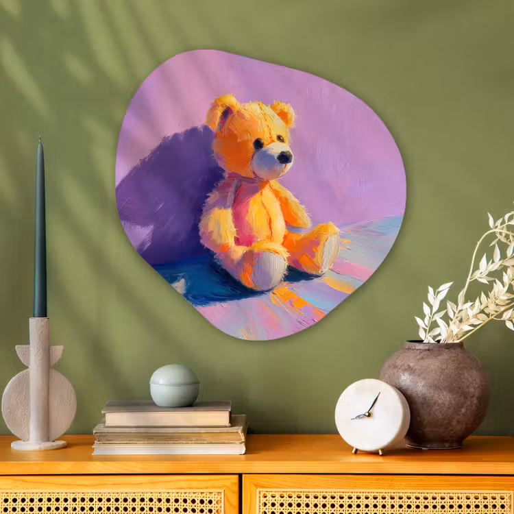 Teddybeer - Schaduw - Penseelstreken - Paars Wandcirkel Organisch Aluminium middel -sfeer2