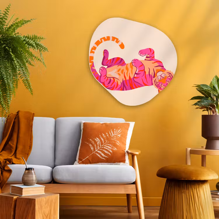 Tijger - Roze - Oranje Wandcirkel Organisch Aluminium middel -sfeer4