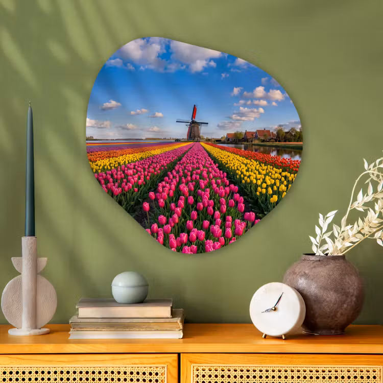 Tulpen - Holland - Molen - Kleurrijk Wandcirkel Organisch Aluminium middel -sfeer2