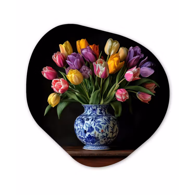Tulpen - Kleuren - Hout - Vaas Wandcirkel Organisch Aluminium middel -3d