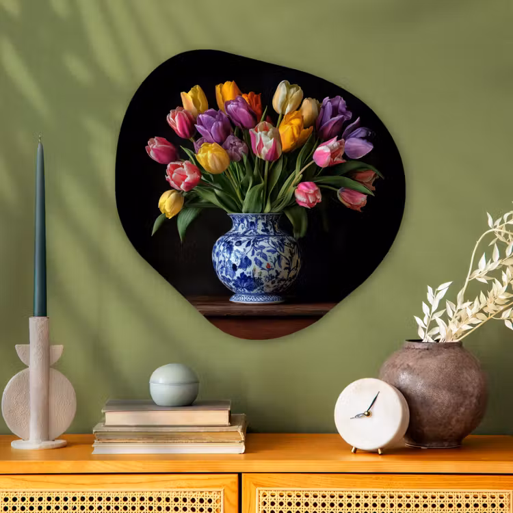 Tulpen - Kleuren - Hout - Vaas Wandcirkel Organisch Aluminium middel -sfeer2