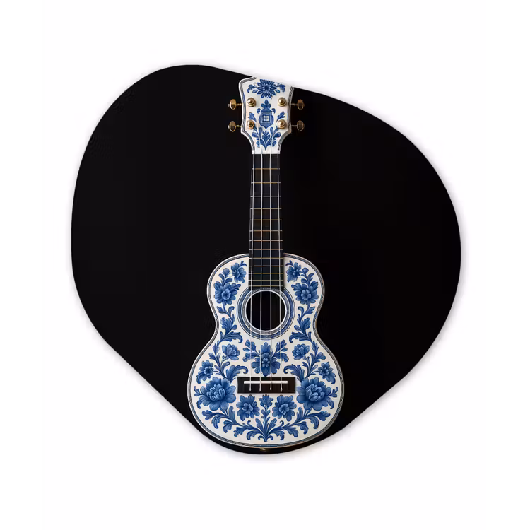 Ukelele - Delfts - Blauw - Muziek Wandcirkel Organisch Aluminium middel -3d