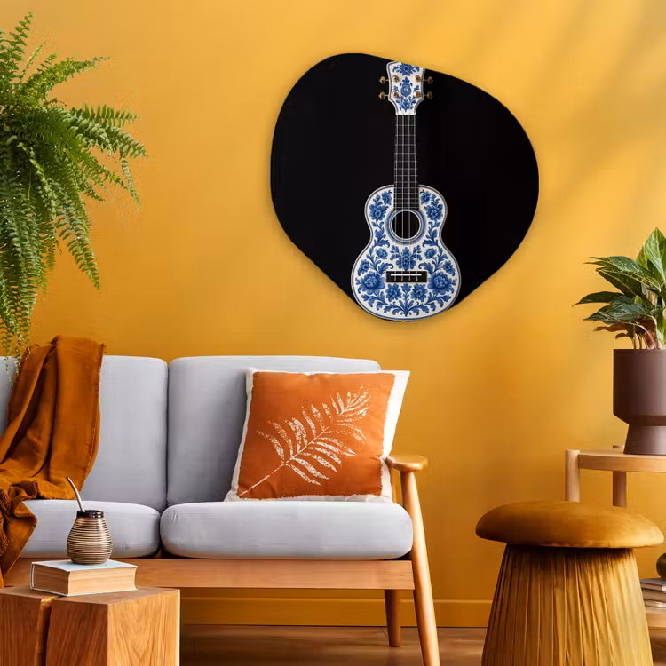 Ukelele - Delfts - Blauw - Muziek Wandcirkel Organisch Aluminium middel -sfeer4
