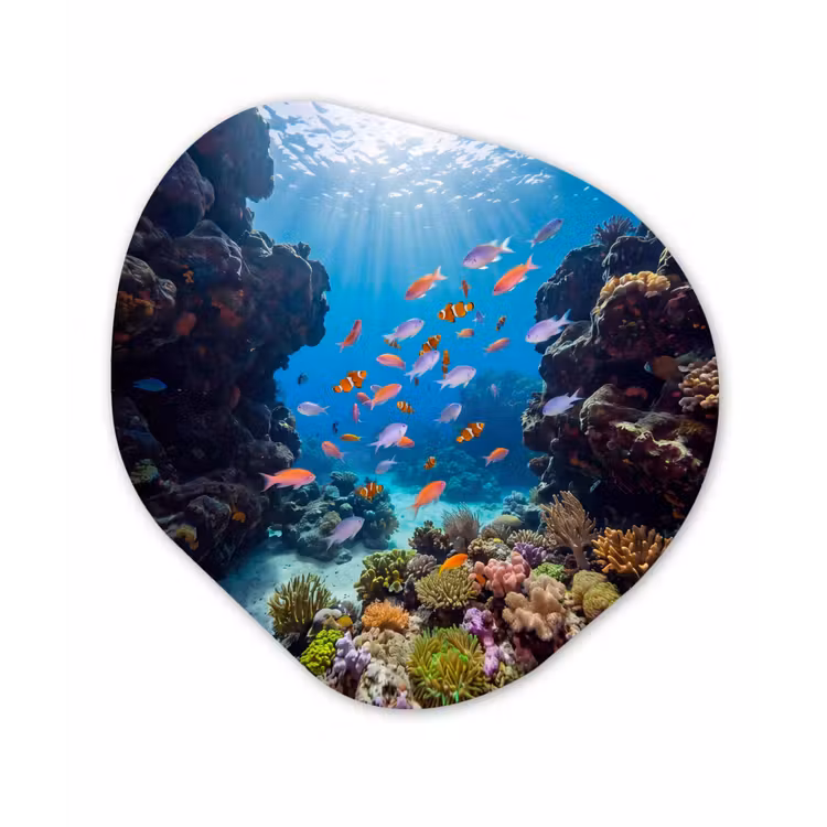 Vis - Koraalrif - Onderwater - Levendig - Blauw Wandcirkel Organisch Aluminium middel -3d